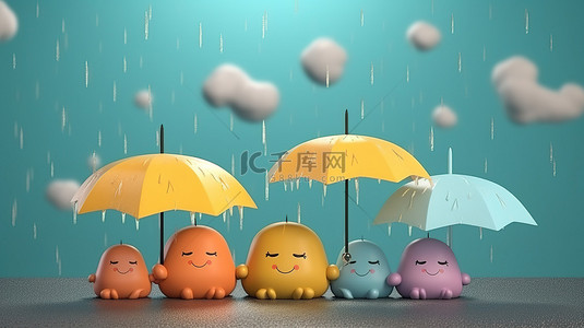 卡通雨伞和雨云的数字插图描绘雨季的到来