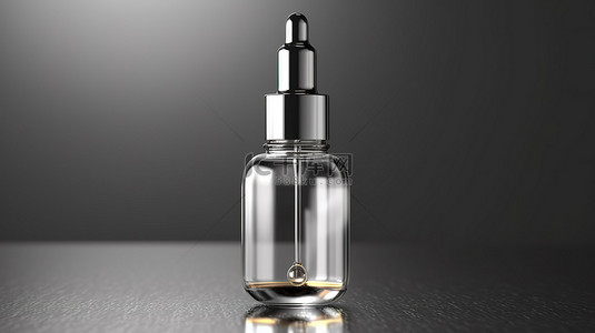 用于灰色背景美容产品的现代血清滴管瓶，具有 3D 液滴渲染