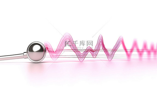 粉红色形状白色背景的心电图图听诊器以 3d 说明医学概念