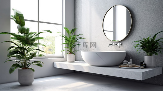 梳妆台背景图片_精致的浴室，配有大理石梳妆台和盆栽 3D 渲染中的绿色植物