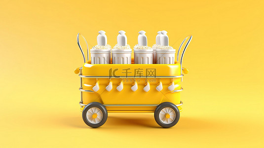 白色和黄色背景上冰淇淋车的 3D 渲染