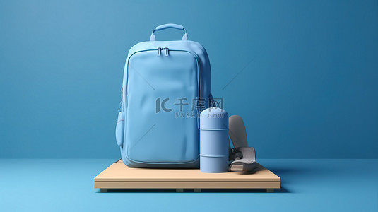 最小的假日概念蓝色背景，带 3d 渲染的未占用产品平台，配有旅游背包和睡垫