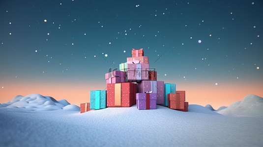 雪景夜背景图片_满月 3D 渲染下山上被降雪包围的充满活力的礼物