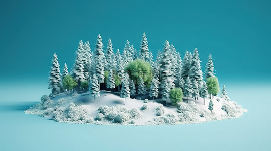 雪森林背景图片_微观世界孤立的 3d 渲染一个雪绿色的森林岛，在蓝色背景上切出一个部分