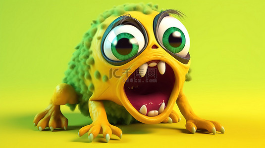 可爱的 3D 插图，绿色青蛙怪物张开嘴，阳光明媚的黄色背景，非常适合儿童设计