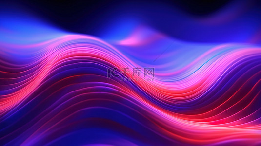 蠕动的蓝色宇宙霓虹灯波抽象背景与 3D 渲染紫色线条和红色模糊条纹