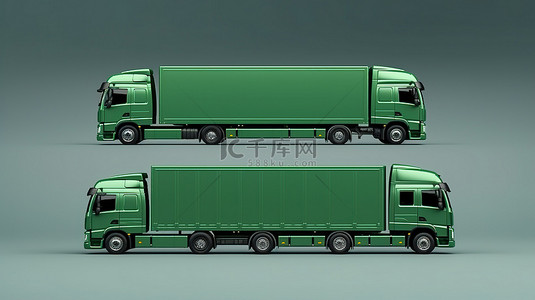 宽敞的绿色卡车半拖车设置与图形模板 3D 渲染