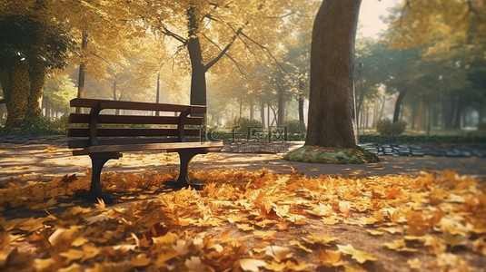 卡通长凳背景图片_秋季公园场景 3D 插图，展示倒下的树叶和长凳，标题有充足的复制空间