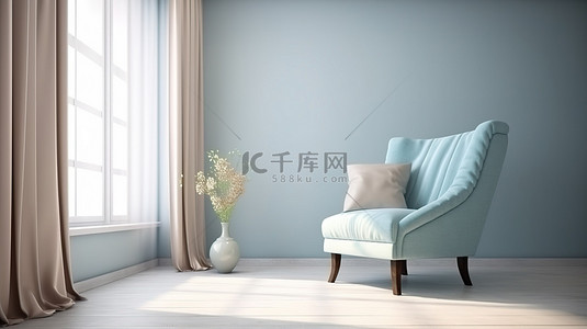 家具背景图片_宽敞的卧室，配有超大窗户和 3D 渲染的优雅椅子