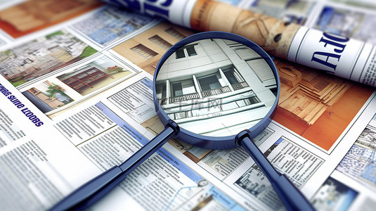 广告背景图片_放大镜检查报纸上的房地产分类广告的 3D 插图
