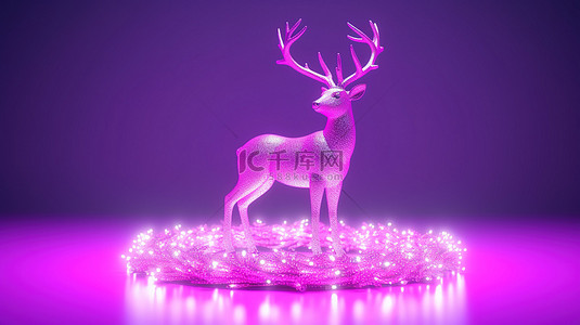充满活力的洋红色圣诞背景上发光的鹿花环的 3D 渲染