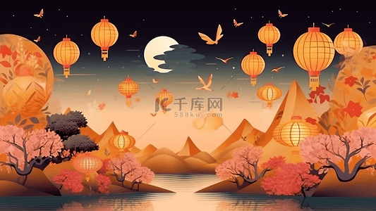 金色山水背景图片_中秋节月夜山水背景