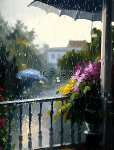 花瓣雨背景图片_雨滴鲜花护栏雨中的阳台花园油画花卉背景