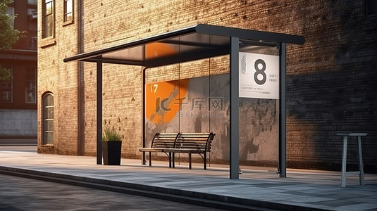 公交车站 3D 公交车候车亭标志模型的渲染