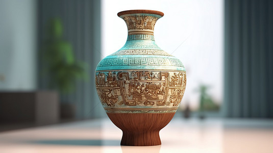博物馆或室内设计展台上经典陶瓷花瓶的 3D 插图