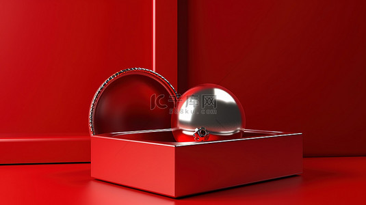 红色背景上的红色盒子的 3D 插图打开，显示银色和金色的球体