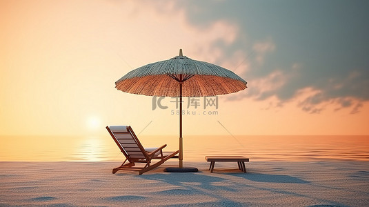 木质底座的 3D 渲染，配有椅子和雨伞，欣赏海滩上的海洋日落