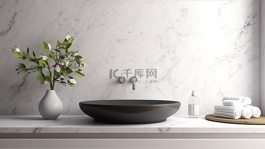 浴室台面背景图片_现代浴室设计的 3D 渲染，配有陶瓷容器水槽和用于蒙太奇的大理石台面