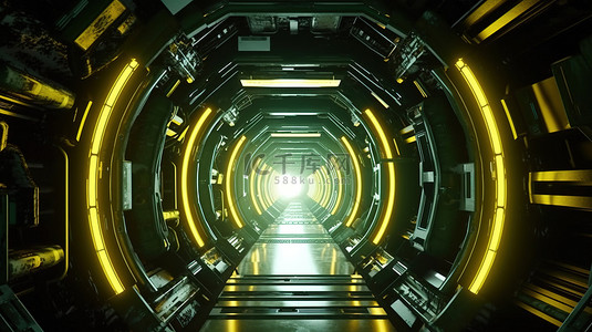 电影空间机抽象 3D 渲染中的黄绿色循环网络空间隧道