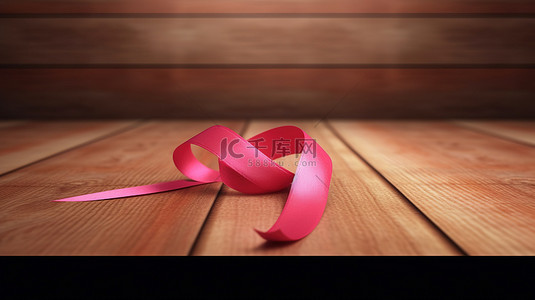 木桌背景与 3D 渲染红色乳腺癌意识丝带符号
