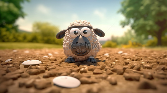 可爱的卡通羊在 3D 渲染的仙境中嬉戏