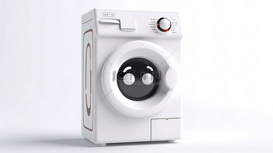 白色吉祥物人物洗衣机的 3D 渲染，配有可充电电池，非常适合现代家庭