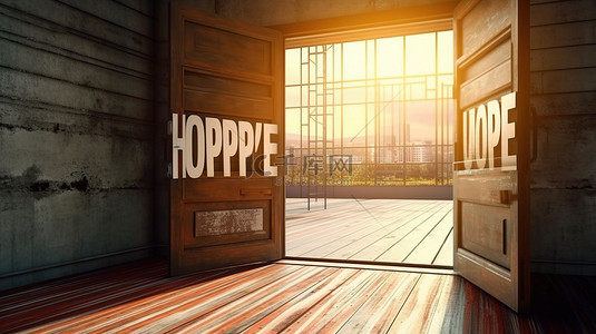 进入一个充满可能性的世界 3D 渲染一扇敞开的门，上面写着“希望”这个词