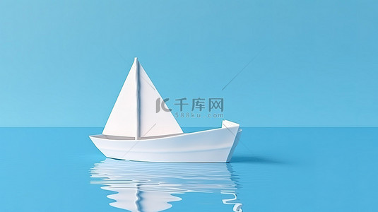 海浪手绘背景图片_海洋蓝色背景上的白船和蓝纸的 3D 渲染，用于海洋行业的内容营销