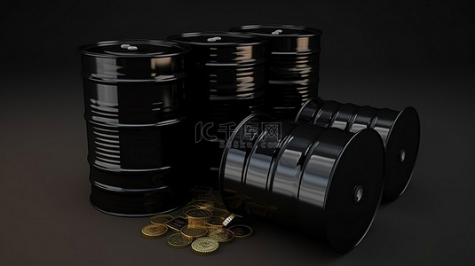 石油价格飙升 3D 渲染的黑桶和带有货币图标的罐