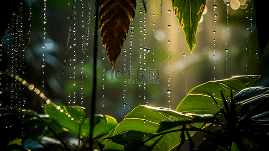 雨中热带森林背景植物树叶自然背景