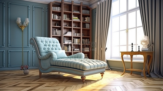传统客厅中的老式躺椅，配有个人图书馆 3D 插图