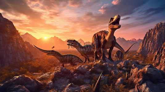 山剪影背景图片_恐龙天堂 3D 渲染史前巨人在日落时山悬崖上