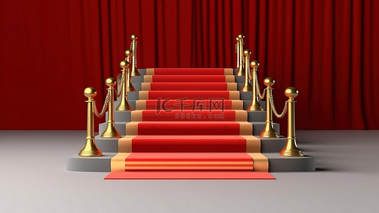 胜利的红地毯活动与楼梯和金绳屏障在 3D 渲染