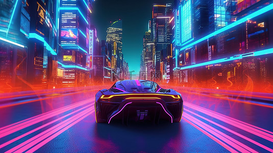 霓虹灯城市的 3D 渲染，未来派汽车驶过