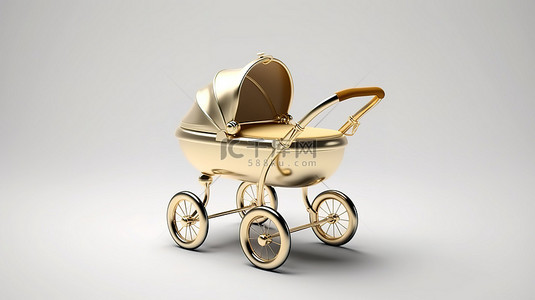 3d 白色背景上的当代婴儿镀金婴儿车和婴儿车模拟