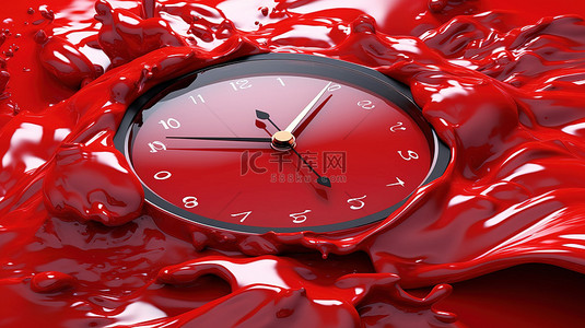 被流体抽象形状包围的红色时钟的 3D 插图