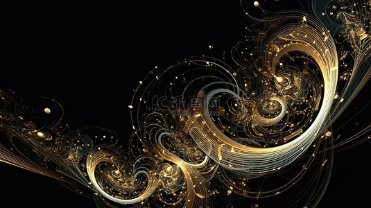 黑色背景与螺旋线艺术展示流动的漩涡形状气泡和 3D 金色抽象装饰品