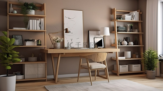 家庭背景图片_家庭办公室的 3d 插图，配有书桌书架花盆框架椅子和装饰