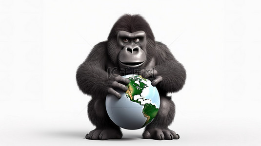 一只滑稽的 3D 大猩猩拿着一个微型地球和一个标志