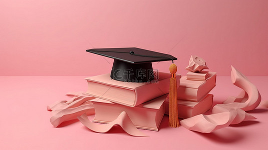 粉红色背景与毕业帽和书籍的 3D 渲染