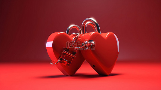 爱渐变背景图片_两个心形挂锁在红色背景下的简约 3D 插图中交织在一起