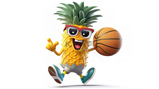 3D 渲染卡通时髦菠萝人吉祥物在白色背景上运球篮球