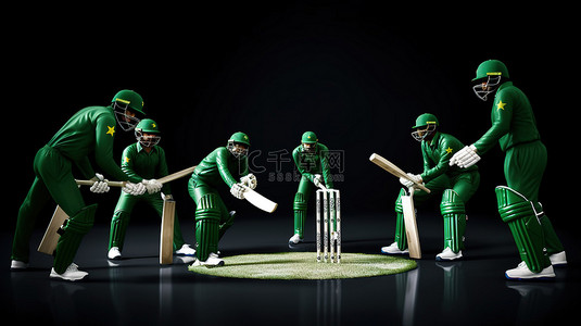 巴基斯坦队和新西兰队的 3d 板球运动员配有比赛装备和文本空间
