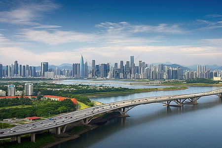 立交背景图片_从水上和建筑物上的桥梁顶部看到首尔的天际线