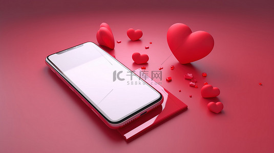 数字爱情 3D 渲染智能手机，带有空白屏幕和心形图标，用于在线约会