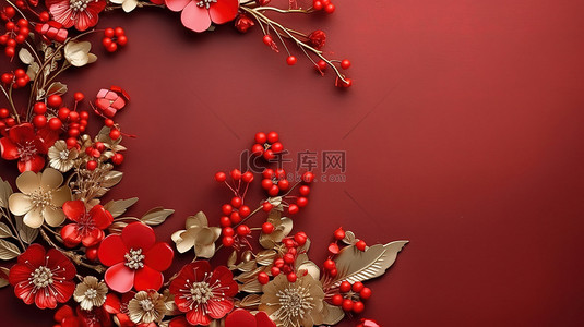 花卉装饰中国新年平躺边框 3D 渲染卡框
