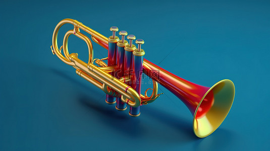 蓝色喇叭背景图片_蓝色背景下喇叭乐器的彩色 3D 插图