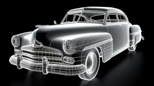 老式计算机背景图片_经典美国汽车的 3D 渲染计算机插图，具有技术设计元素和模型轮廓