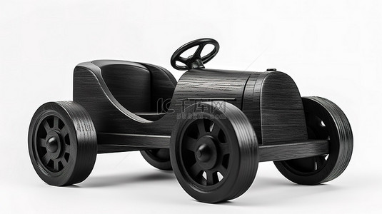 卡通汽车汽车海报背景图片_白色孤立背景上的儿童黑色木制玩具车 3D 插图
