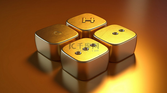 四个骰子的图标 哑光金板上四个骰子的金色符号 ​​3D 渲染的社交媒体图标